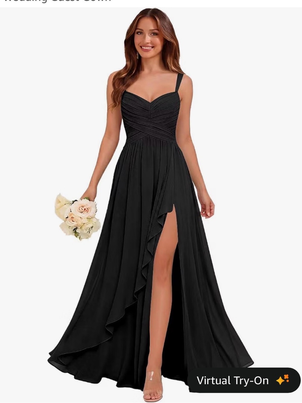 New Chiffon Elegant Black Spaghetti-Strap Maxi Dress with Front Slit